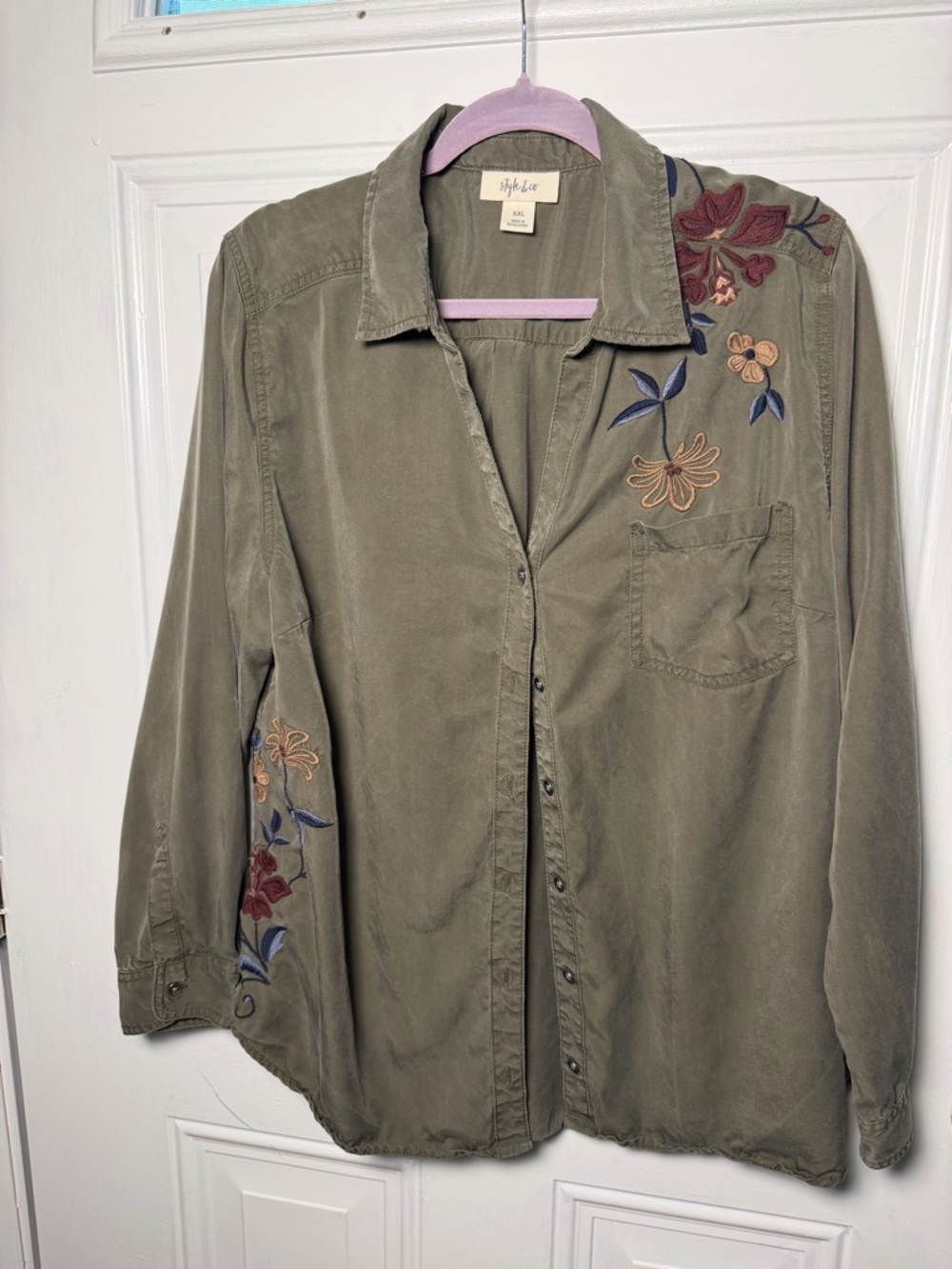 Style & Co. Olive Green Embroidered Button-Front Shirt